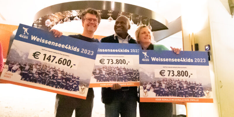 Trots houden Baba en Esther van onze goede doelen de cheque in handen. Maar liefst € 147.600 hebben de deelnemers van Weissensee4Kids opgehaald.